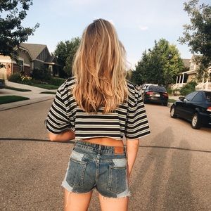 blue and green striped crop top
